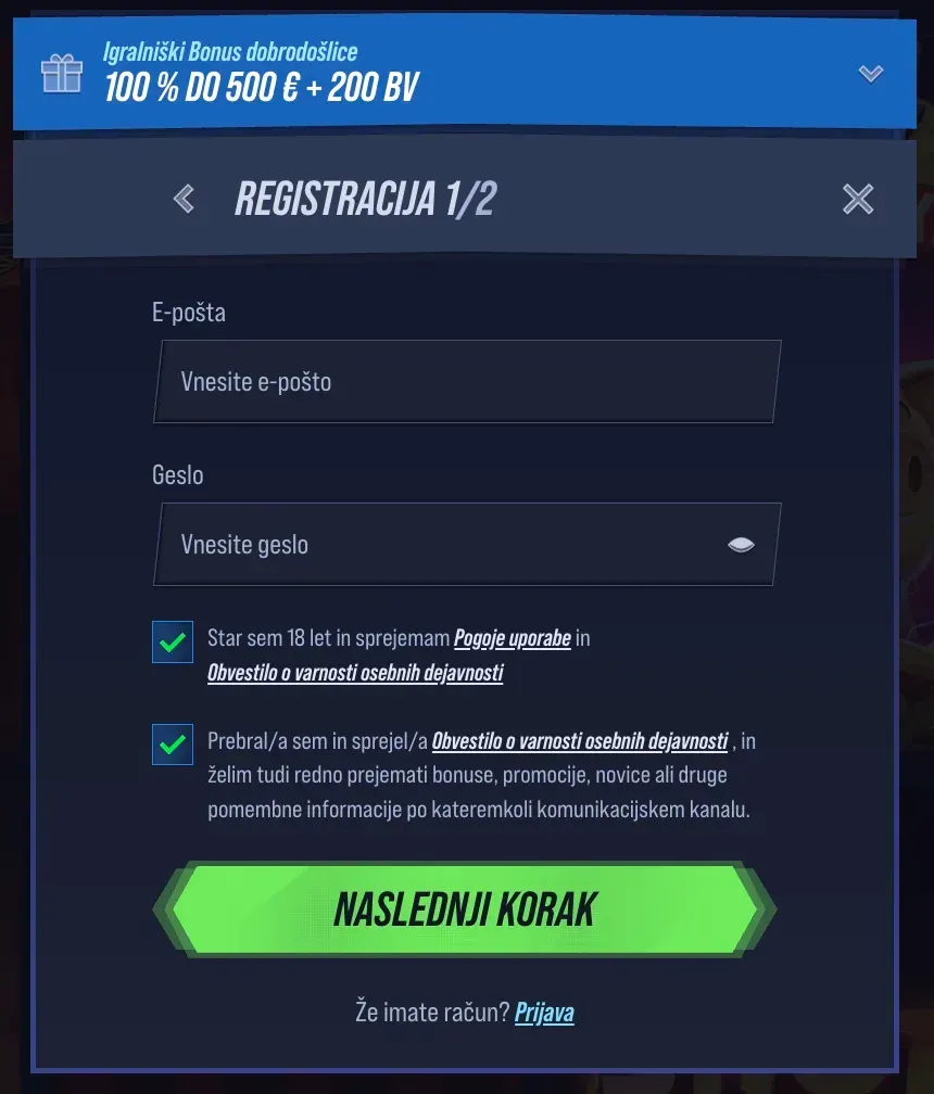 Obrazec za registracijo v igralnici Vegashero
